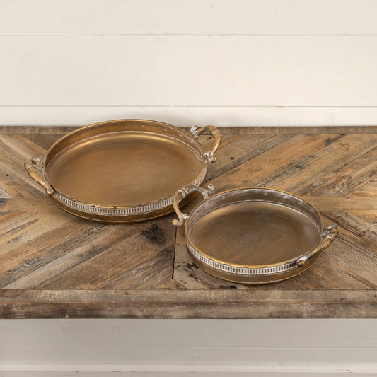 SET/ 2 DETAILED GOLD TRAYS W/ HANDLES