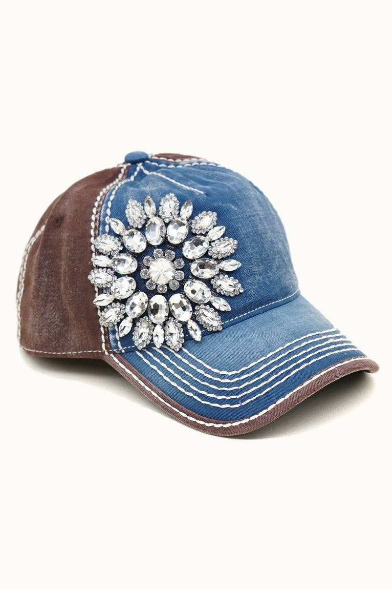Sunflower Bejeweled Glitz Two-Toned Cap, Adjustable: Fuchsia/Charcoal