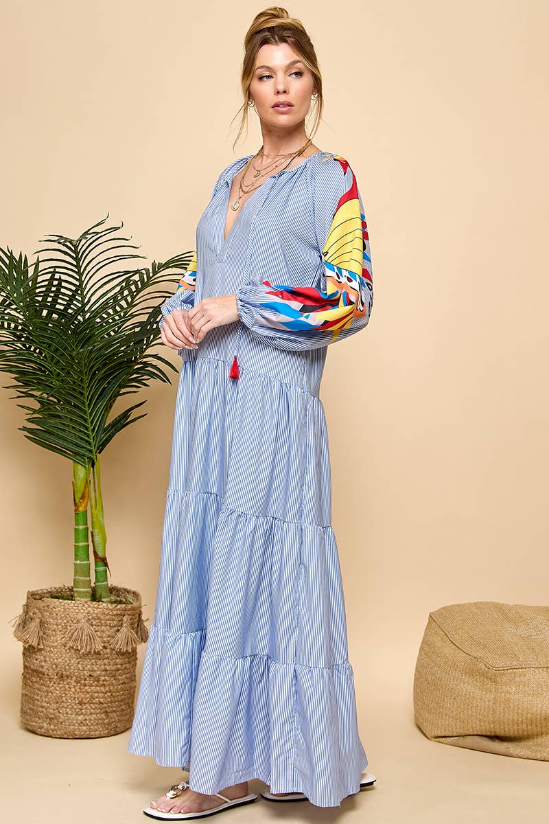 Printed Long Sleeve Stripe V-neck Dress : Blue / M
