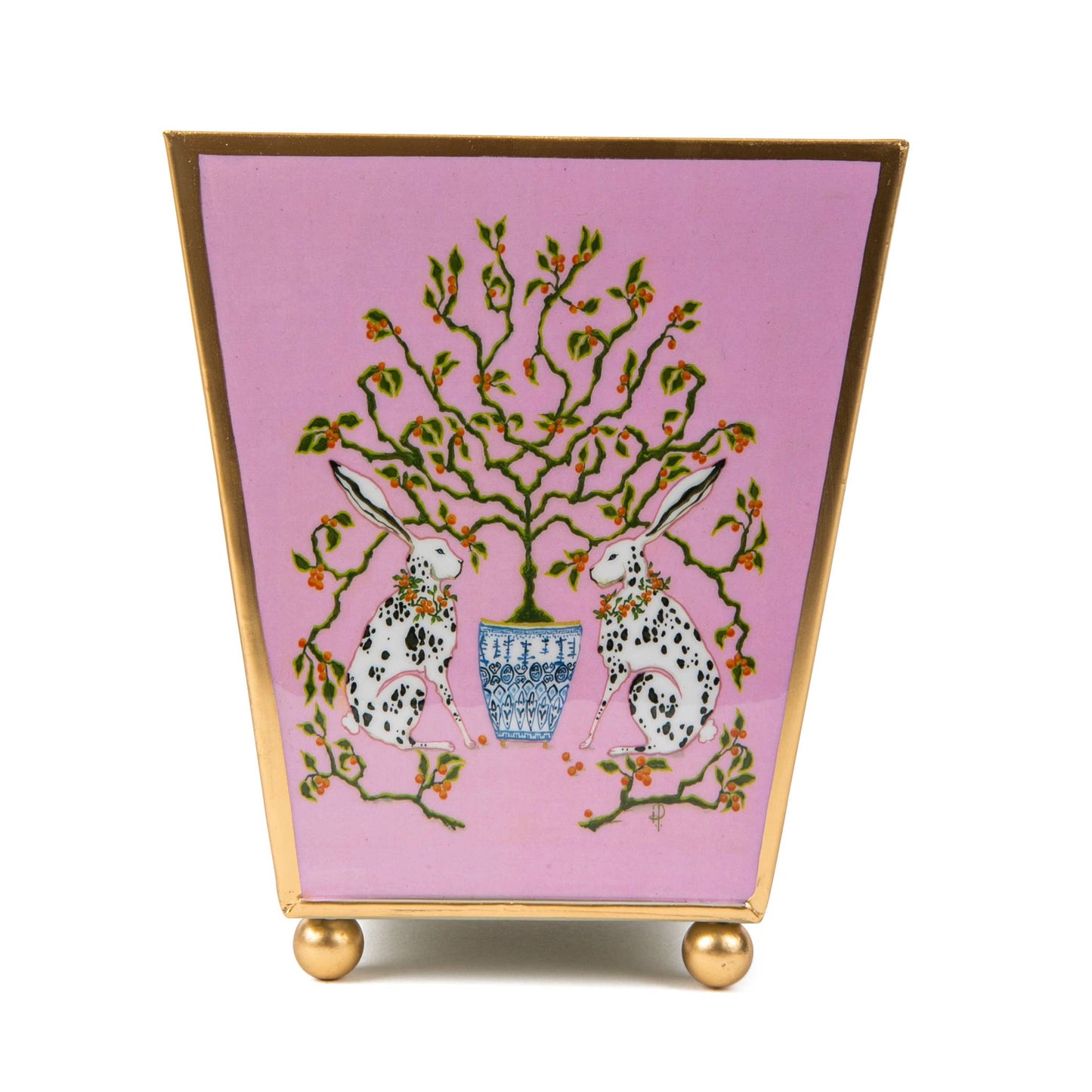 Bunnies Enameled Square Cachepot Planter: Pink / 6 inch