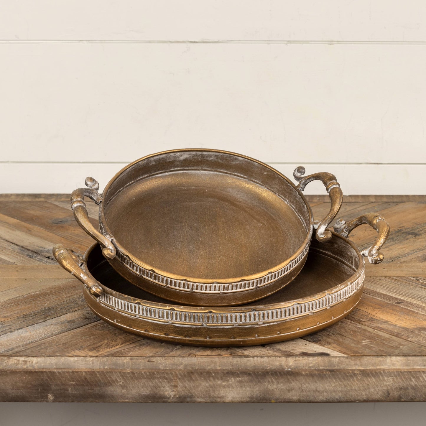 SET/ 2 DETAILED GOLD TRAYS W/ HANDLES