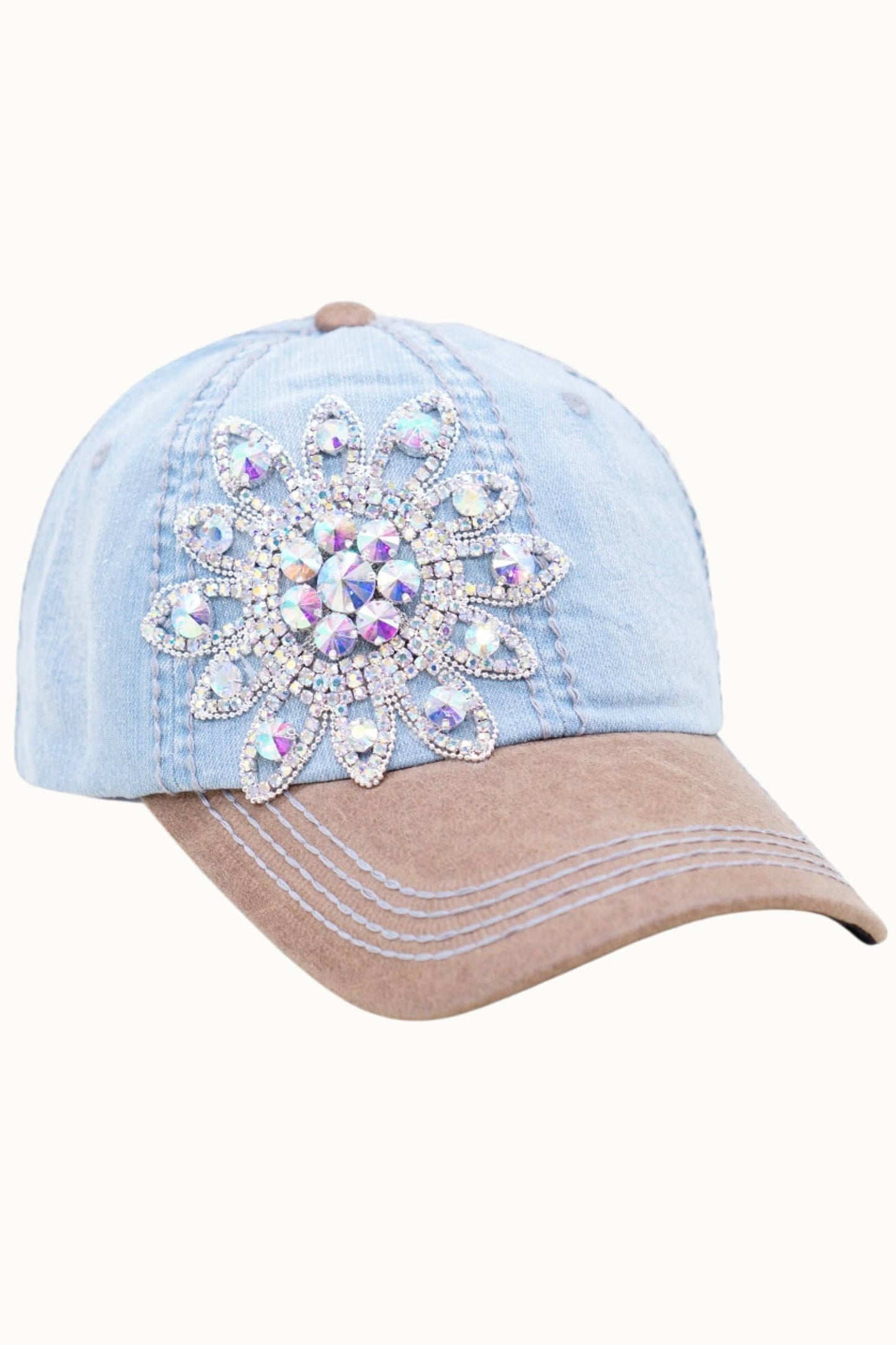 Sunflower Bejeweled Glitz Two-Toned Cap, Adjustable: Dark Denim/Tan