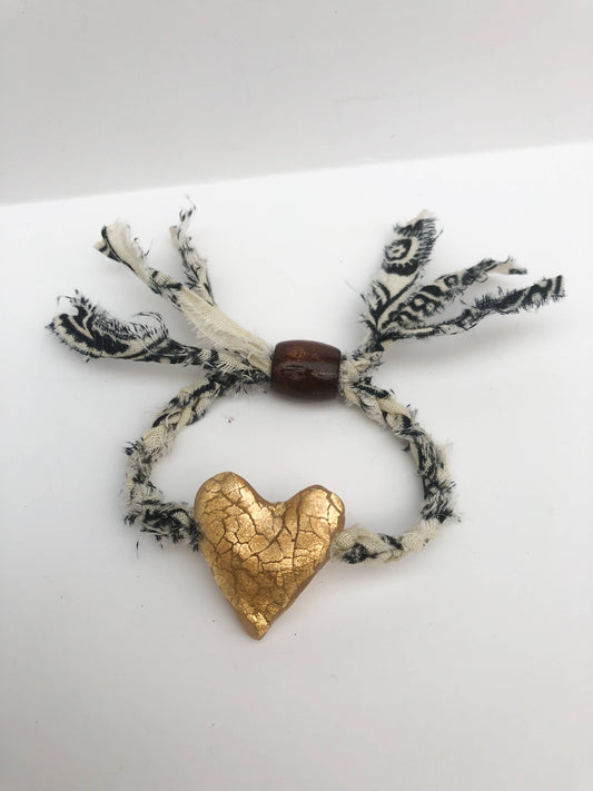 Cream Bandana with Gold Heart Bracelet