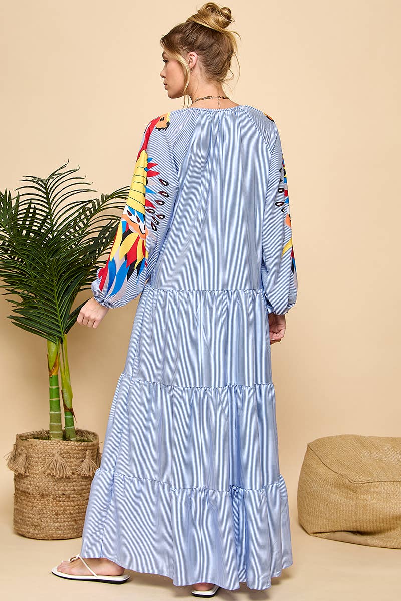 Printed Long Sleeve Stripe V-neck Dress : Blue / S