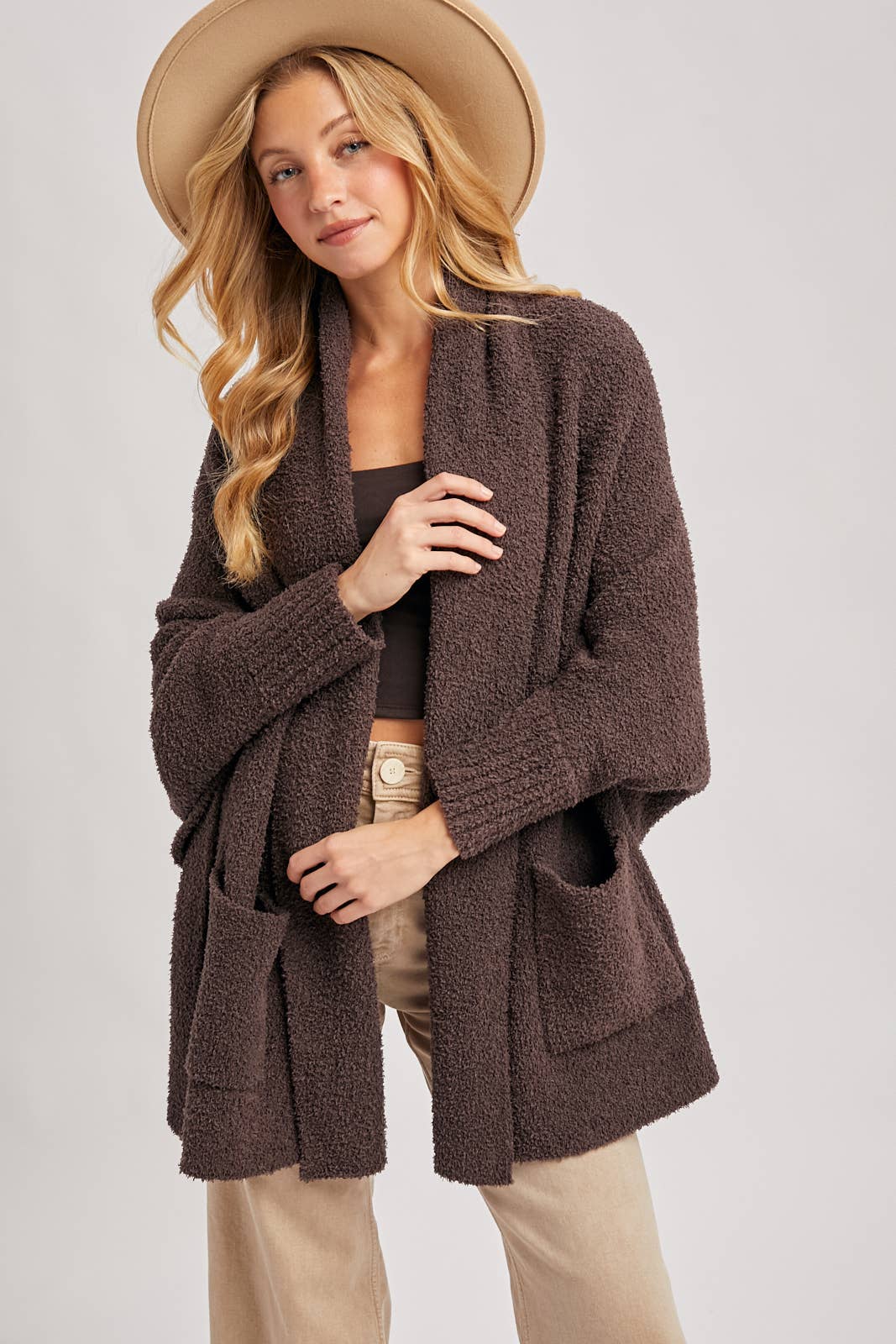 OPEN FRONT BLANKET WRAP BOUCLE KNIT SWEATER CARDIGAN: ESPRESSO / One Size