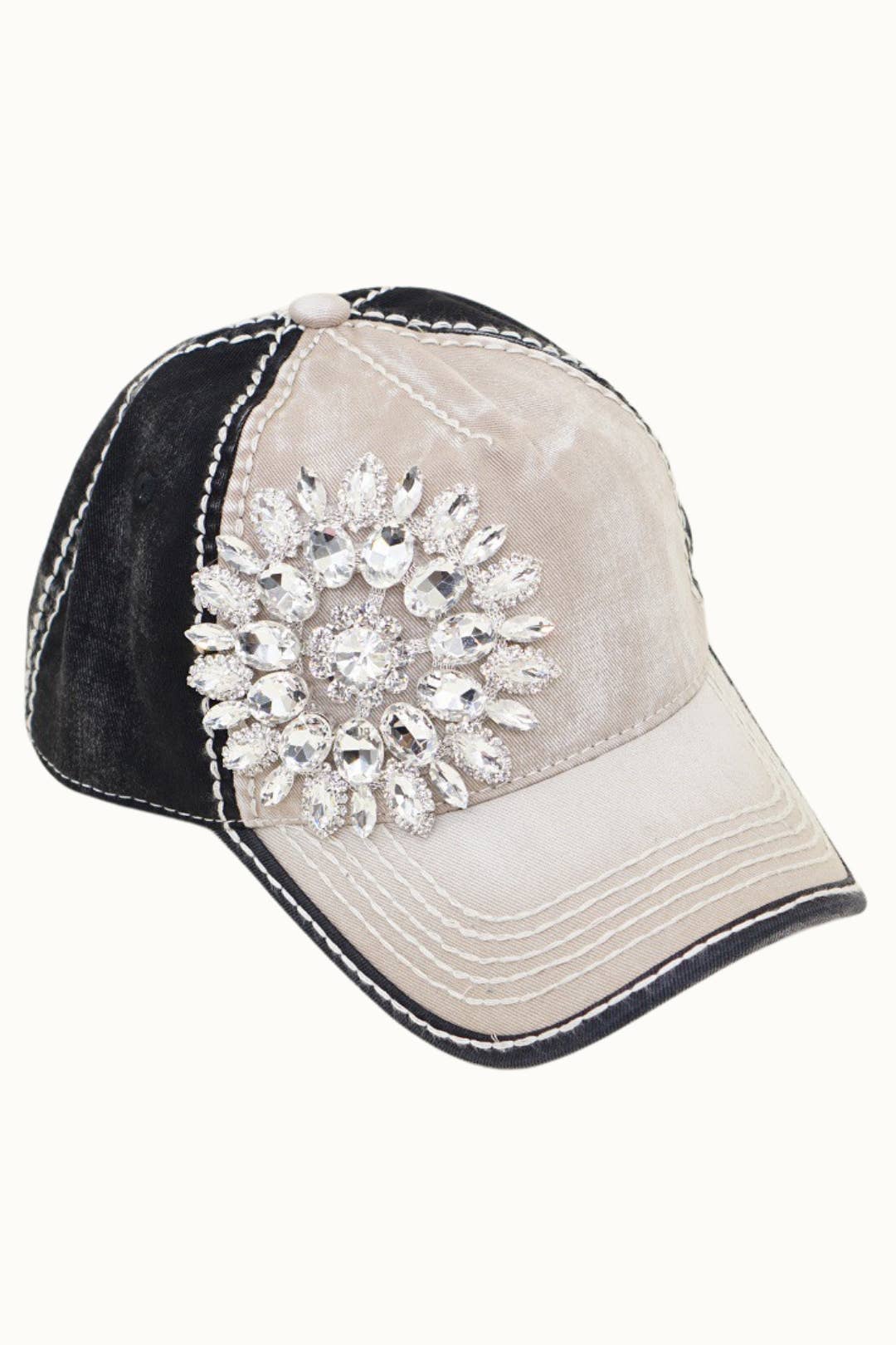 Sunflower Bejeweled Glitz Two-Toned Cap, Adjustable: Fuchsia/Charcoal