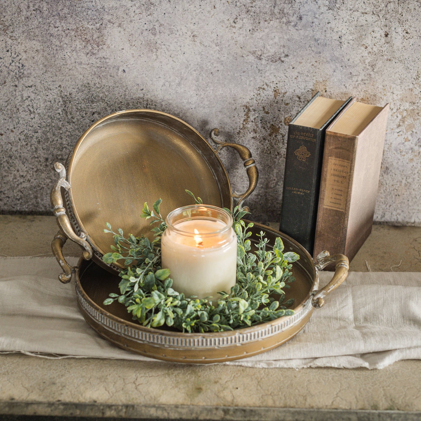 SET/ 2 DETAILED GOLD TRAYS W/ HANDLES