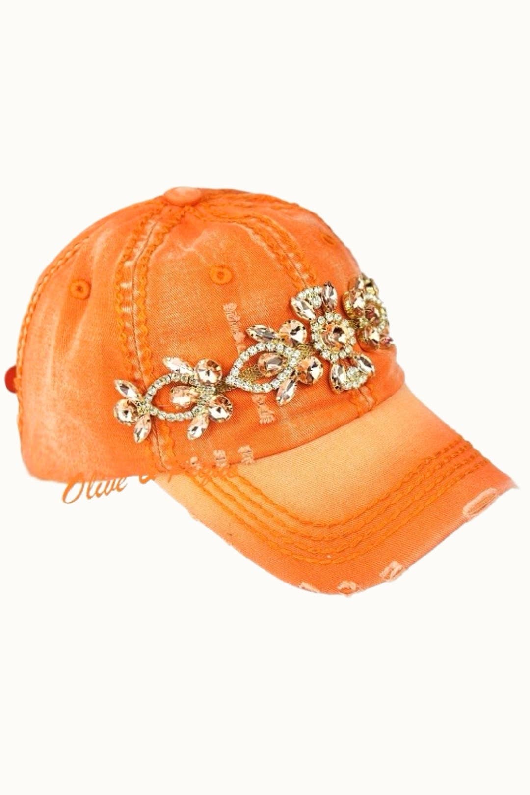 Bejeweled Bling Glitz Distressed Cap, Adjustable: Khaki