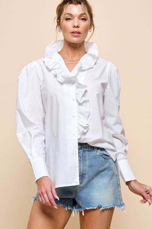 Ruffle Long Sleeve Top: White
