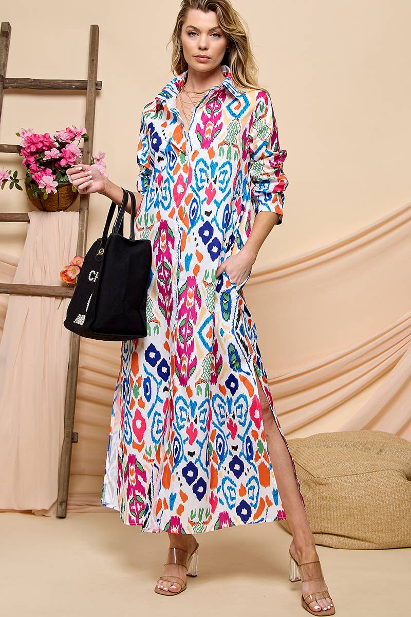 Long  Sleeve Print Shirt Dress: Multi-Colored / Medium