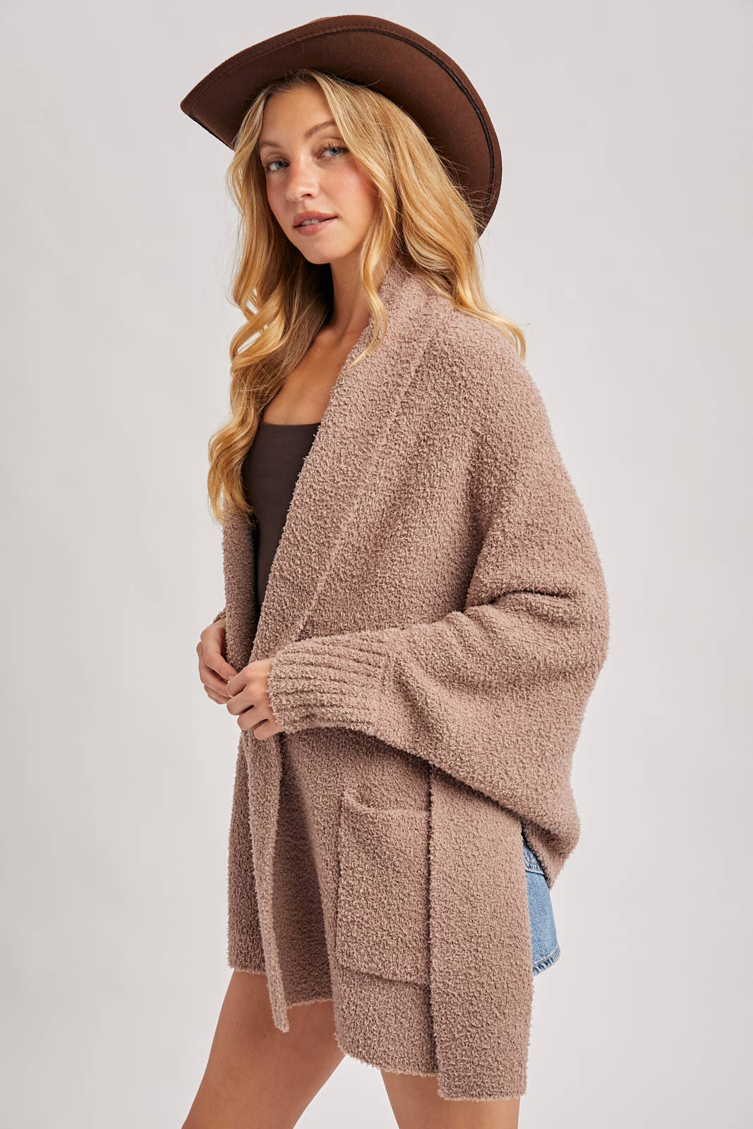 OPEN FRONT BLANKET WRAP BOUCLE KNIT SWEATER CARDIGAN: ESPRESSO / One Size