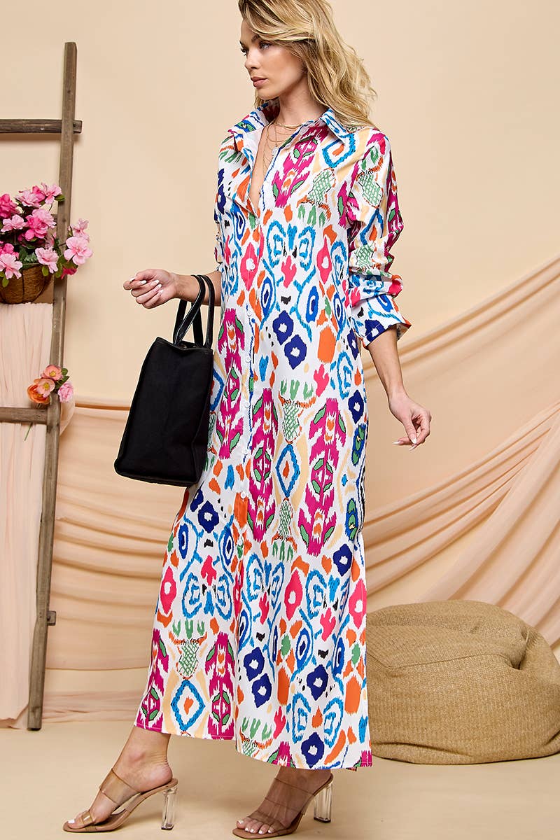 Long  Sleeve Print Shirt Dress: Multi-Colored / Large