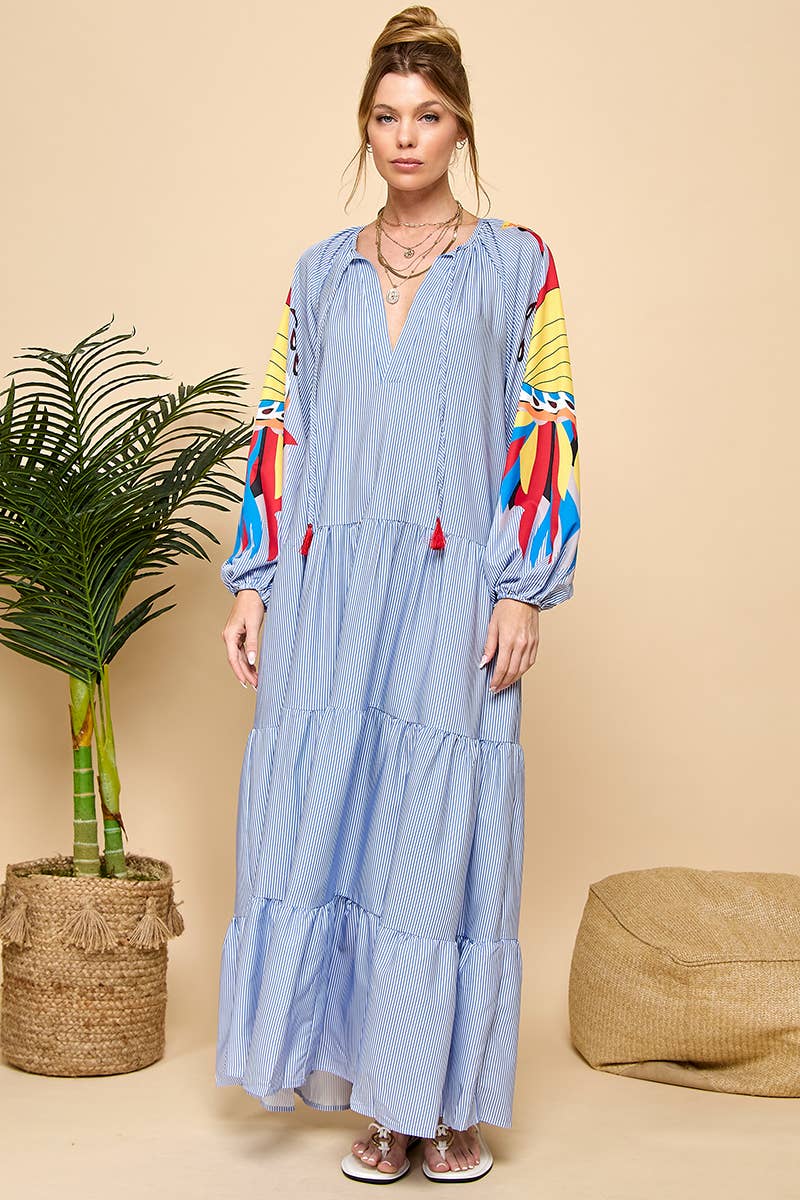 Printed Long Sleeve Stripe V-neck Dress : Blue / S