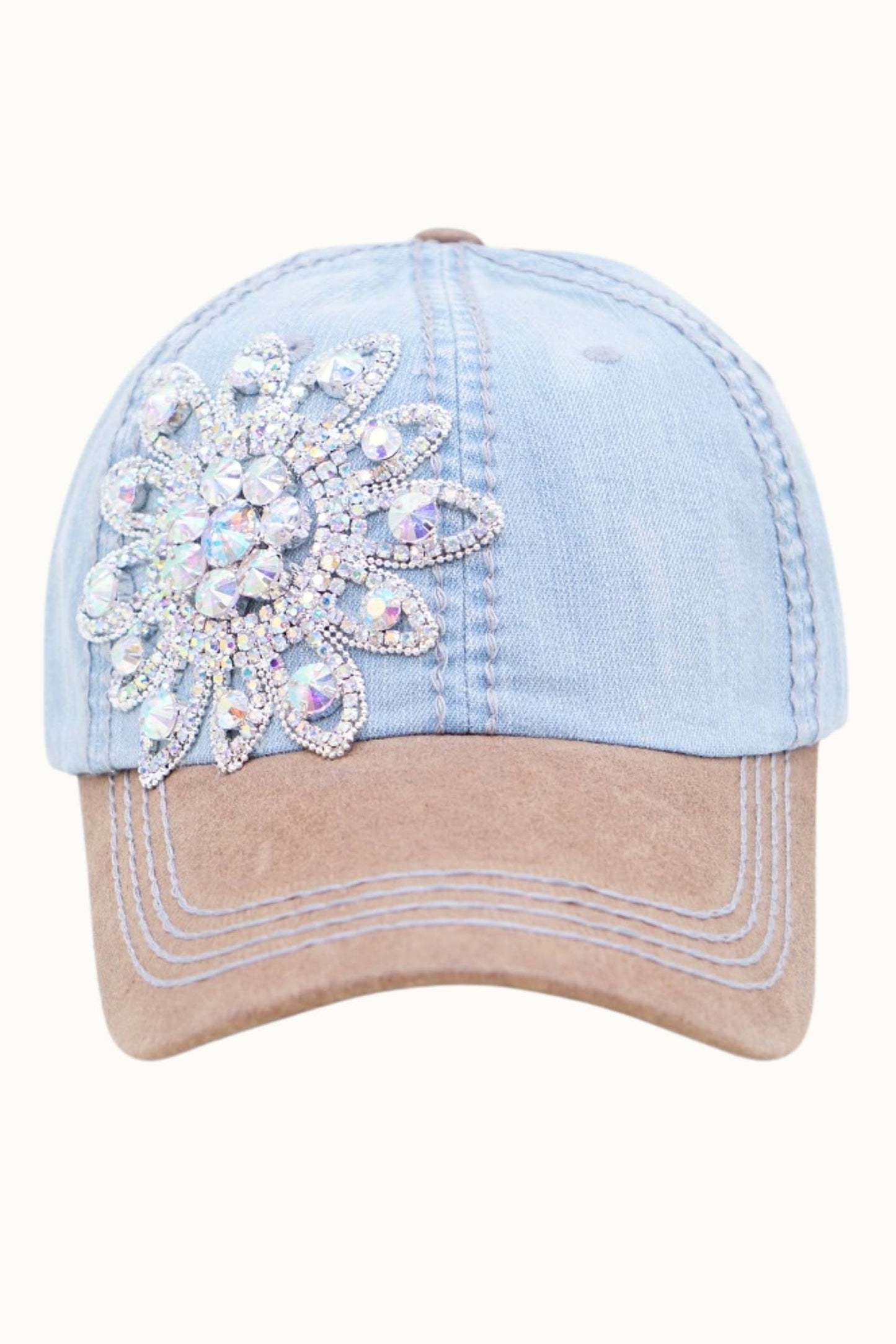 Sunflower Bejeweled Glitz Two-Toned Cap, Adjustable: Dark Denim/Tan