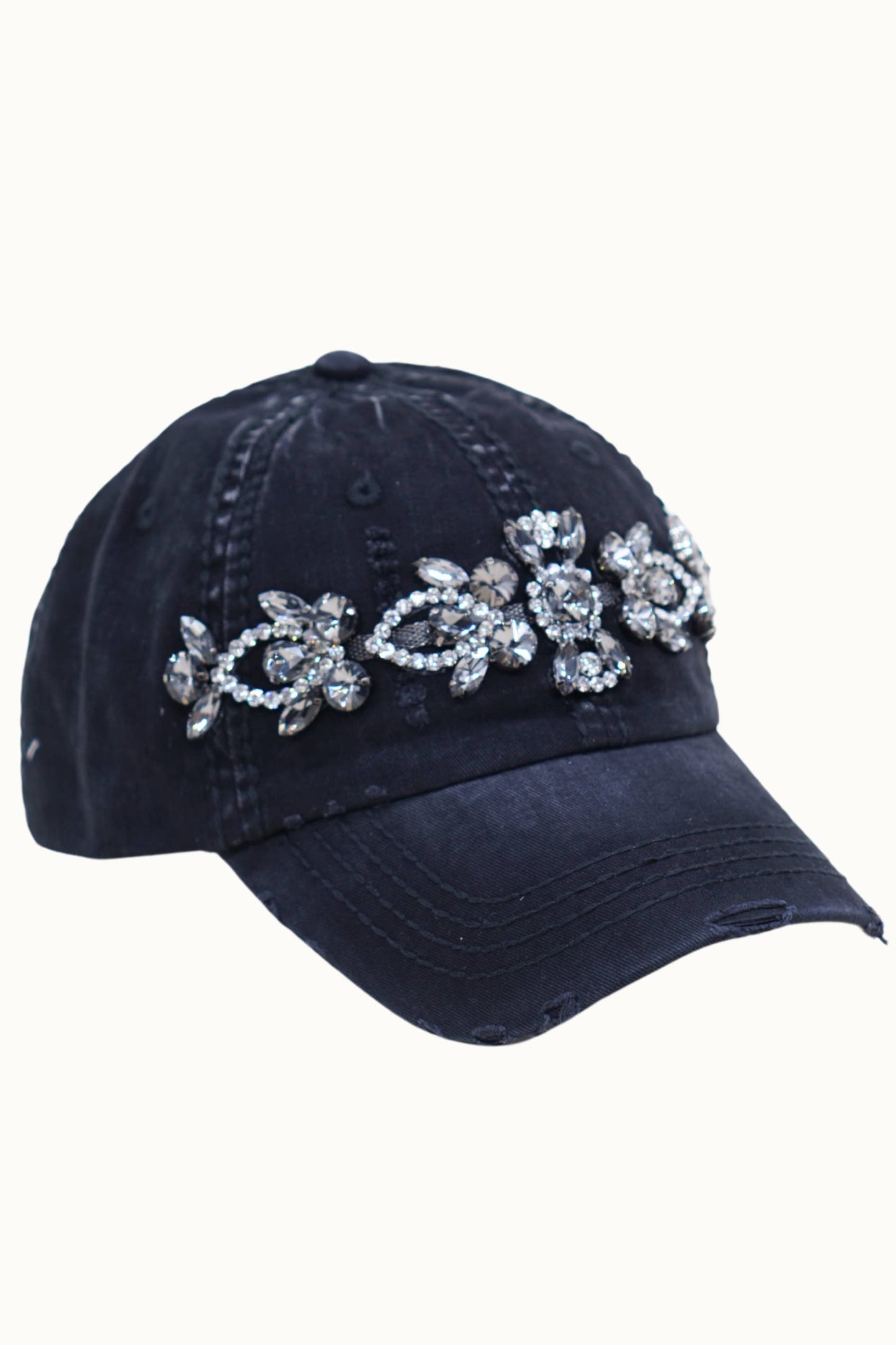 Bejeweled Bling Glitz Distressed Cap, Adjustable: Rose