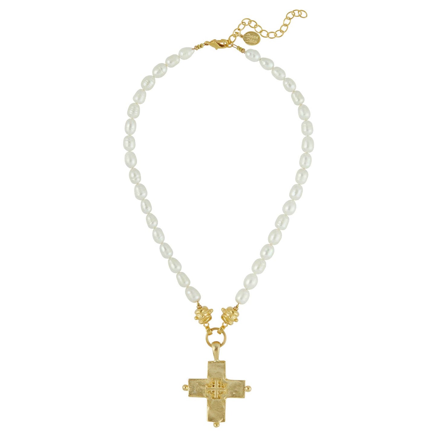 Gold Jerusalem Cross + Pearl Necklace