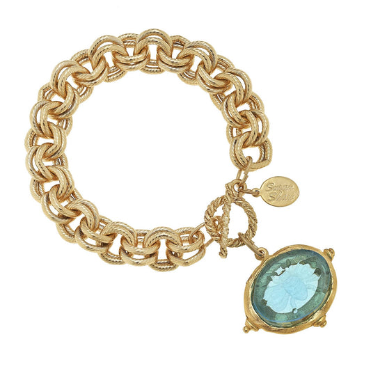 Aqua Venetian Glass Bee Intaglio on Gold Chain Bracelet